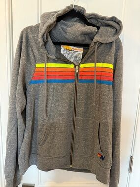 Aviator Nation Gray Zip Hoodie w/ Neon Yellow Orange Red and Blue Stripes - NWOT